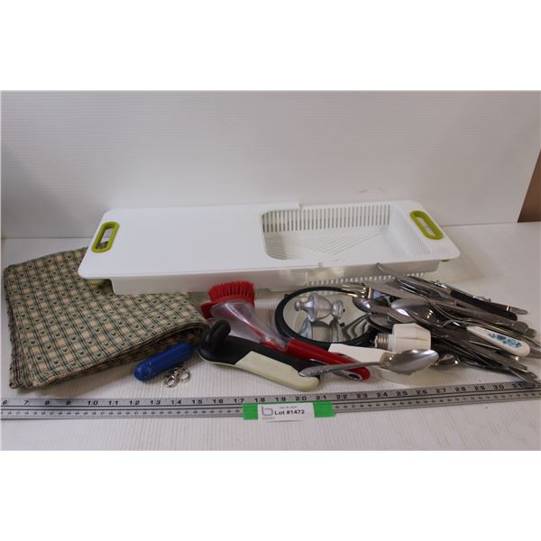 Veggie Washing Tray & Cutting Board, Cloth Tablecloth, Various Silverware Items