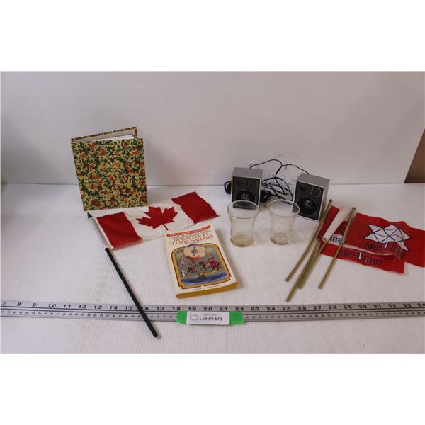 Mini Canadian Flags, Speakers(Untested), Book, Candleholders, Misc.