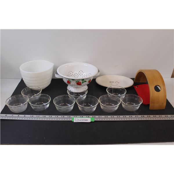 (9) Ice Cream Bowls, Wine Bottle Holder, Strainer, Mixing/Pouring Bowl, Misc.