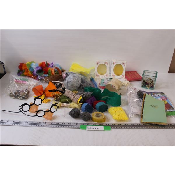 Lot: Party Supplies, Jar of Earrings, Yarn & Thread for Crochet, Misc.