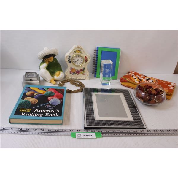Knitting Book, Floral Clock, Purse, Picture Frame, Misc.