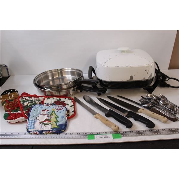 (2) Frying Pans, Electric Frying Pan, (5) Kitchen Knives, Pot Holders, Silverware (Assorted)