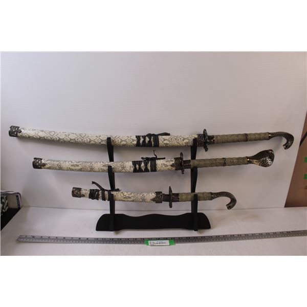 (3) Decorative Asian Swords w/ Wall Mount Hanger - 10" & 16" & 24" Blade Lengths (Not Sharpened)