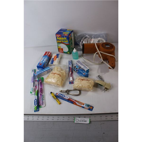 (2) Vintage Hair Dryers, Polident, (4) Boxes of Toothpaste, (4) Tooth Brushes, Misc.