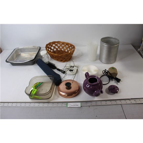 Meat Thermometer, Tea Pot, Flour Tin, Woven Basket, Cake Pans, Misc.