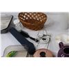 Image 3 : Meat Thermometer, Tea Pot, Flour Tin, Woven Basket, Cake Pans, Misc.
