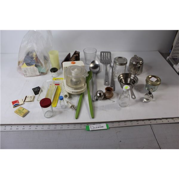 Assorted Matches, Measuring Cup, Electric Chopper, Jars, Misc.
