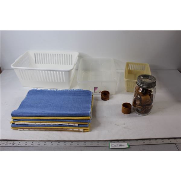 (7) Placemats, (2) Wash Cloths, (3) Containers, Jar of Wooden Circular Items