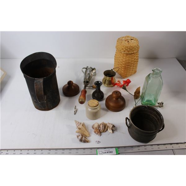 Cast Iron Jug, Wicker Holder, Glass Jug, Seashells, Antique Wisk, Misc.
