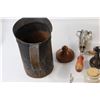 Image 2 : Cast Iron Jug, Wicker Holder, Glass Jug, Seashells, Antique Wisk, Misc.