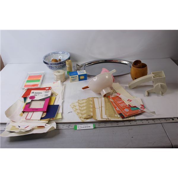 Assorted Labels, Mirror Wedding Tray, (2) Bowl, Cheese Grater, Misc.