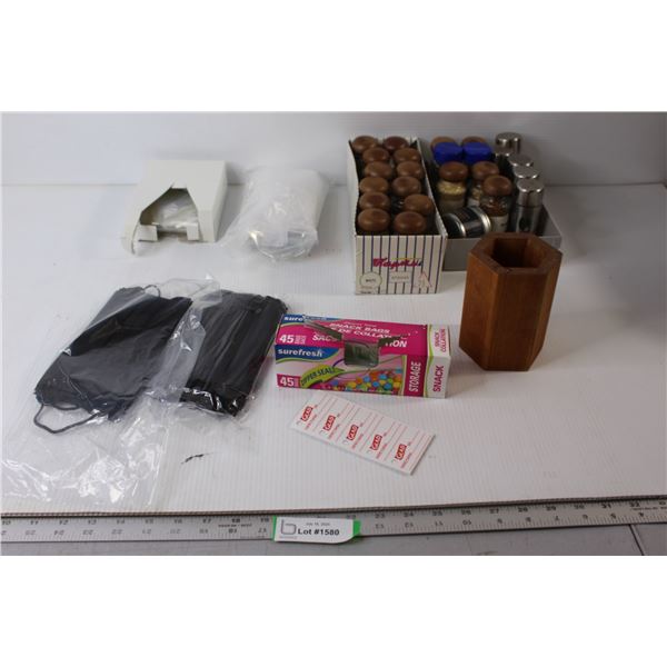 Assorted Spices, Food Bags, Face Masks, Wooden Vase for Fake Flowers