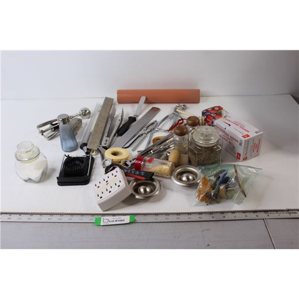 Assorted Cooking Utensils, 6 Prong Outlet, Freezer Bags, Misc.