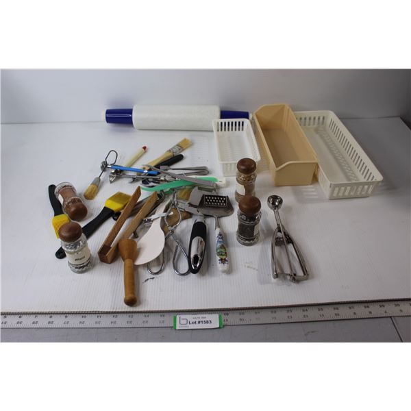 Assorted Cooking Utensils, Containers, Spices, Rolling Pin, Misc.