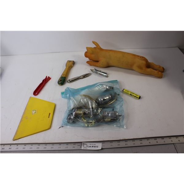 Assorted Painters Tools, Lamp Parts, Squishy Rubber Pig