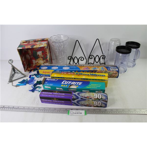 (2) Metal Stands - (3) Stretch Wraps - Wax Paper - Magic Bullet Contaners - Plastic Vase - Gift Box 