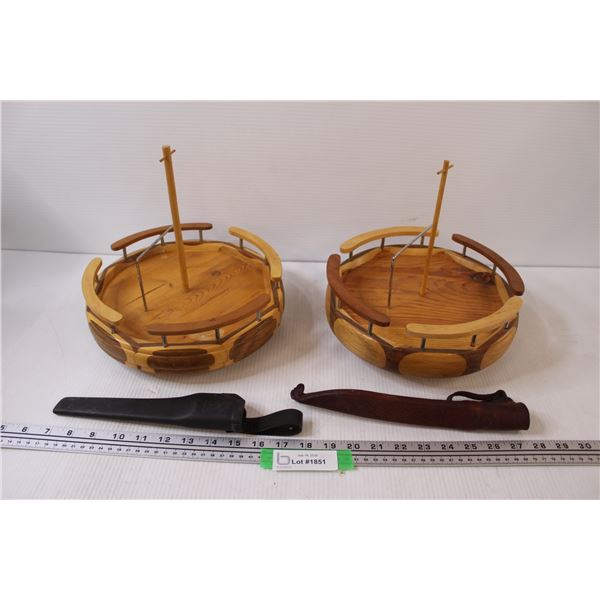 (2) Wood Revolving Condiment Caddies & (2) Filleting Knives Sheaths