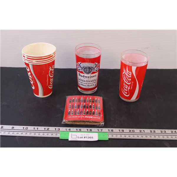 (2) Glass Cups (Budweiser & Coca Cola), (5) Paper Cups, (2) Coasters