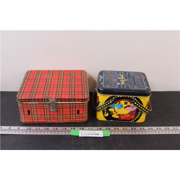 Vintage Pac-Man Lunch Box - 6.5" x 4.5", Red Plaid Aladdin Lunch Box (Missing Handle) - 8" x 7"