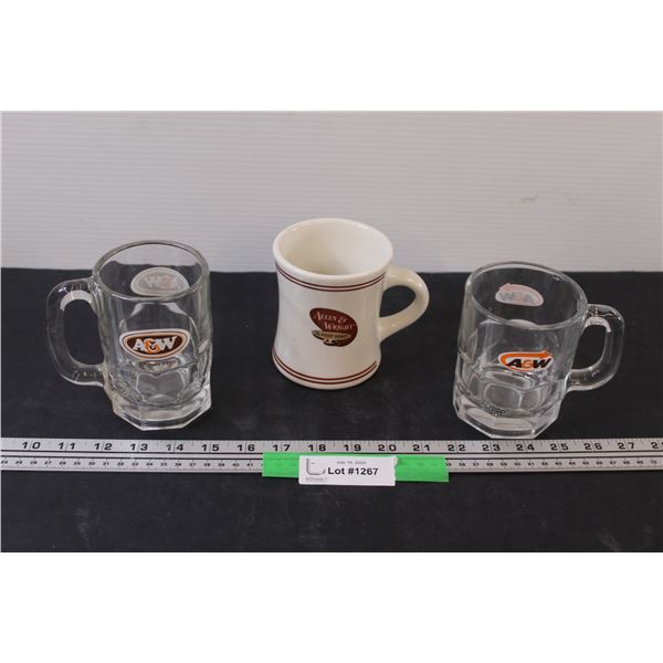 (2) A & W Glass Mugs (One has chip, (1) A & W Coffee Mug