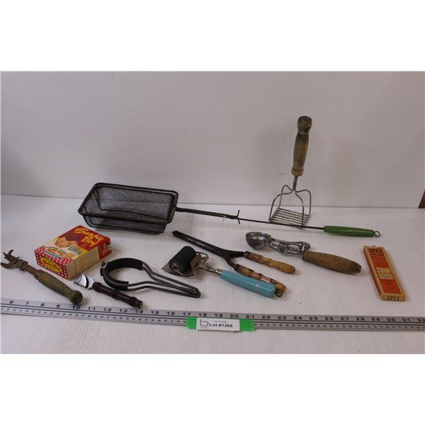 Vintage Items: Popcorn Maker, Mashed Potato, Ice Cream Scoop, Curling Iron, Misc.