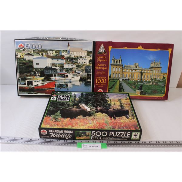 (3) Puzzles: Moose, Coastal Village, Bleinheim Palace - as is