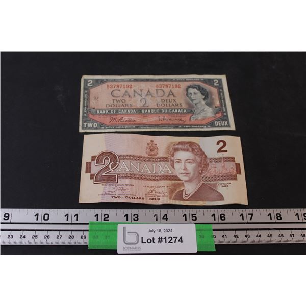(2) Canadian Two Dollar Bills - 1986 & 1954 (Has Scotch Tape)