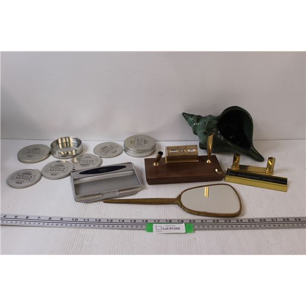 (3) Desk Organizers, Mirror, (2) Sets of Coasters, Conch Shell Decor
