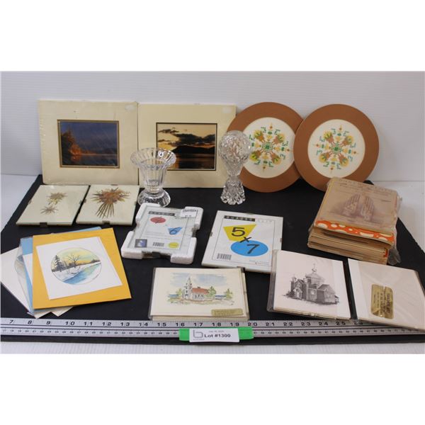 (2) Glass Vases, Framed Pictures, Flowers & Embroidery, Vintage Play Booklets, Various Cards