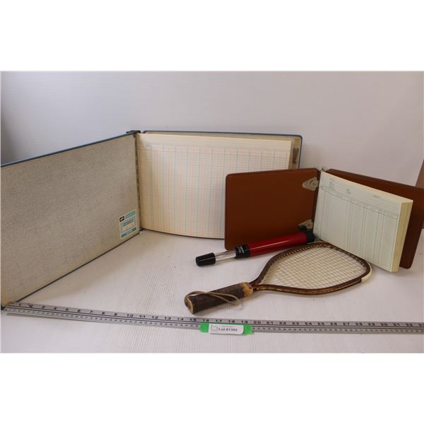 (2) Business Ledgers, Tennis Racket, Telescope/Sight