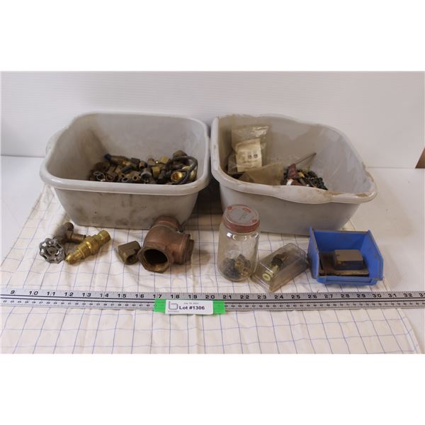 (2) Plastic Tubs of Hardware: Brass Plumbing & Rubber Washers, Misc.