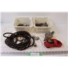 Image 1 : (2) Plastic Tubs of Air Compressor Items & Propane Adapters & Tie Down Strap