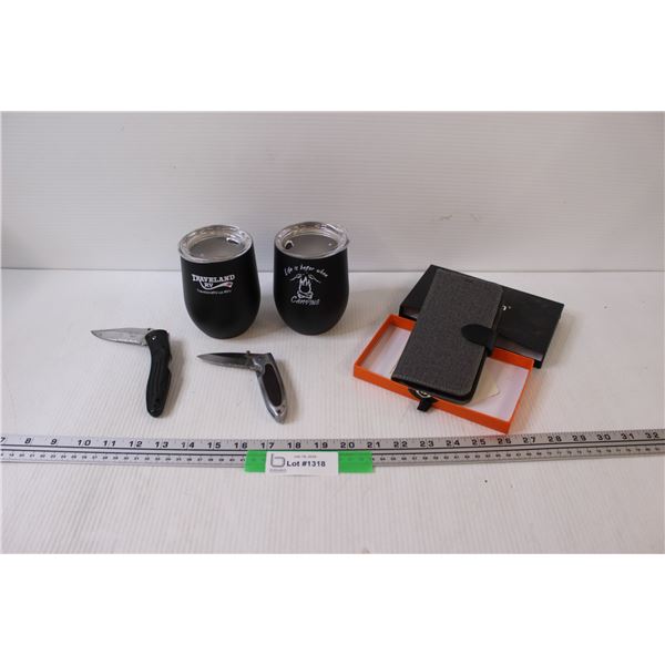 (2) Travelland RV Travel Mugs, (2) Folding Knives, Smart Phone Wallet/Case (iPhone XR)