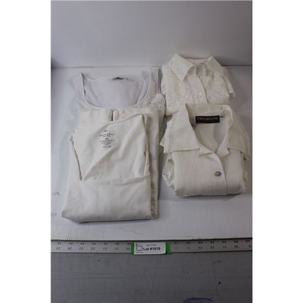 (2) White Medium Shirts, Large White Shirt, Unknown Size White Shirt