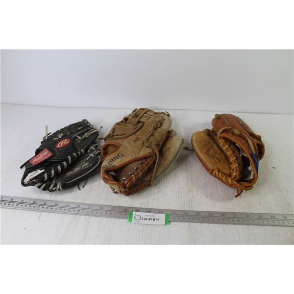 (3) Baseball Gloves (2 Left handed - 1 Right) - Rawlings - Spalding - Collegiate