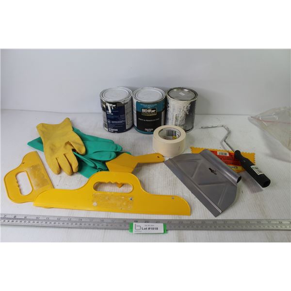 (3) Open Cans of Primer - Adhesive Trowels - Drywall Mud Knives - Rubber Gloves - Paper Tape