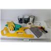 Image 1 : (3) Open Cans of Primer - Adhesive Trowels - Drywall Mud Knives - Rubber Gloves - Paper Tape