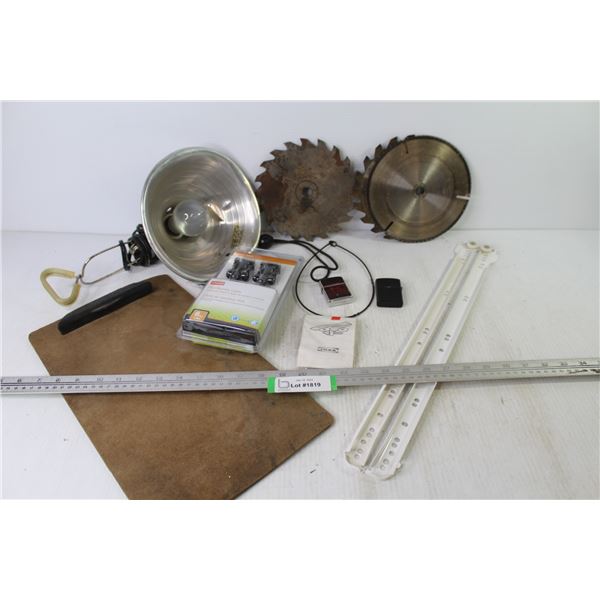 (3) Saw Blades (7 1/4") - Wooden Clip Board - Lamp w/Clamp - VGA Monitor Cables - (2) Metal Lighters