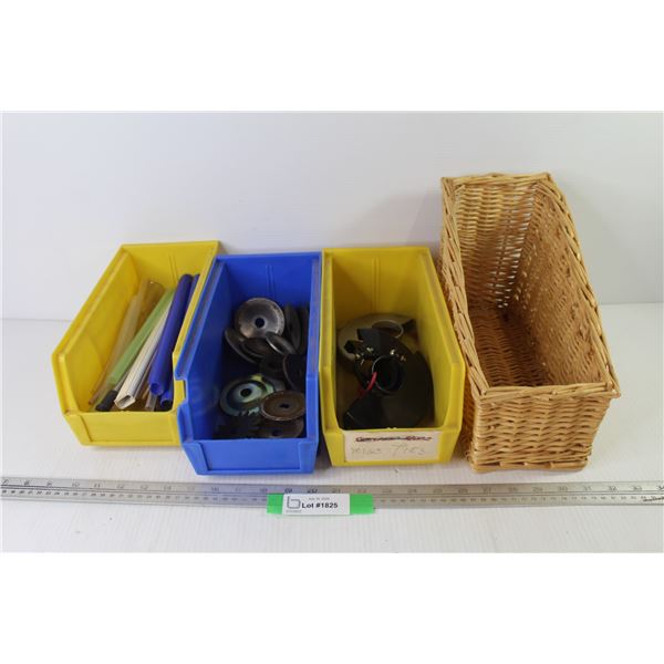 (3) Plastic Bins - Wicker Basket - Grinder Parts