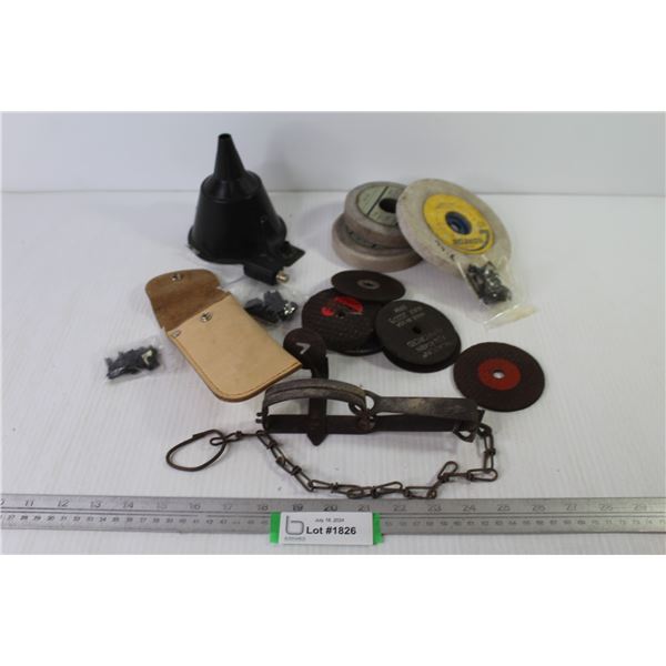 (3) Grinding Wheels - Sm Animal Traps - Grinding Disks - Leather Case - Misc. Items