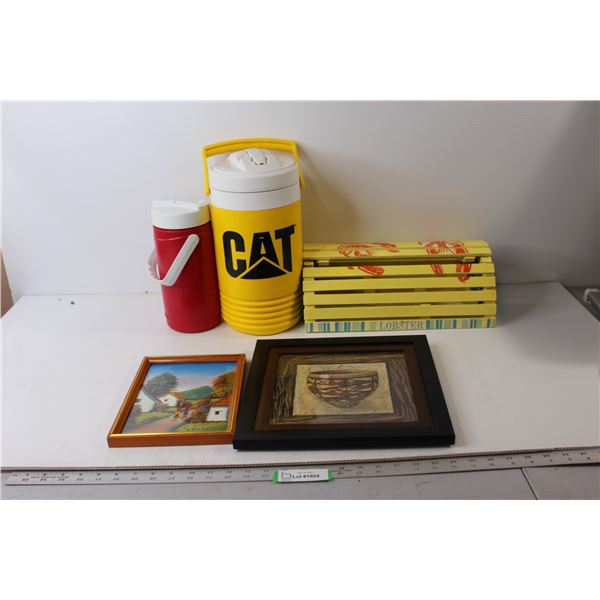 (2) Pictures in Frames - (Largest - 12 1/4" x 12 1/4"), (2) Thermoses, Lobster Catcher