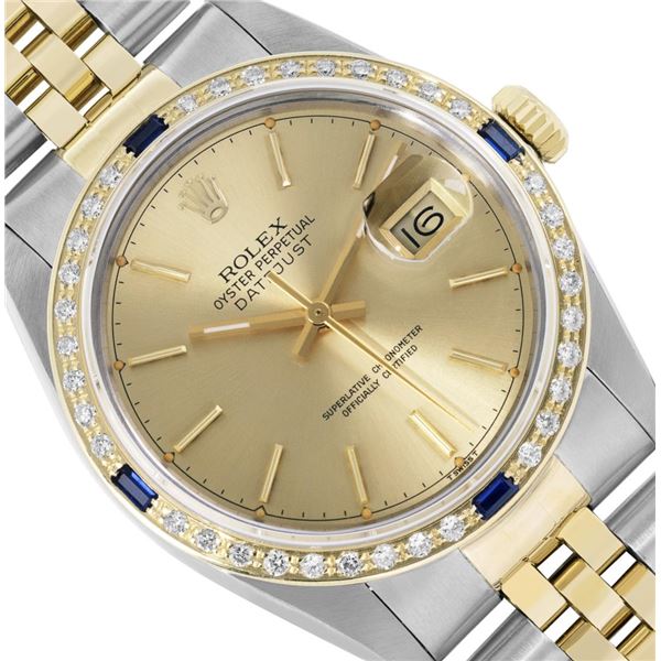 Rolex Mens Two Tone Champagne Index Dial Yellow Gold And Sapphire Datejust With