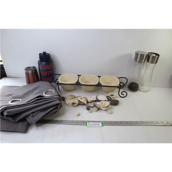 Curtain Panels (unknown Size) - Salt & Pepper Grinders - (3) Dishes in Metal Stand - Sea Shells - Wa