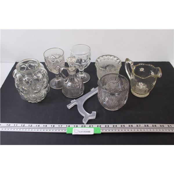 (7) Lot of Vintage Clear Glass: Hand Painted Creamer; Bubble Vase & Misc.