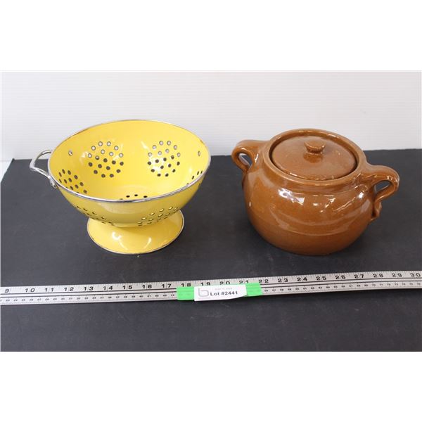(2) Vintage Stoneware Bean Pot With Lid & Metal Strainer