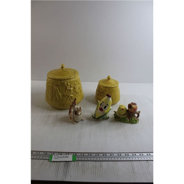 (2) Yellow Folk Tale Canister Jars, (2) Pairs Salt and Pepper Shakers, Corn Napkin Holder