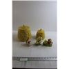 Image 1 : (2) Yellow Folk Tale Canister Jars, (2) Pairs Salt and Pepper Shakers, Corn Napkin Holder