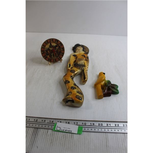 Vintage Chalkware Japanese Girl, Yellow Bird, Clock - Untested
