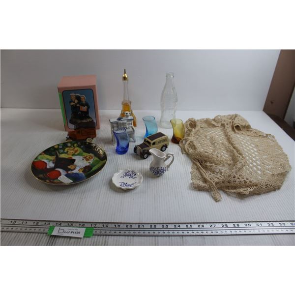 (3) Coloured Shot Glasses, Decorative Christmas Plate, Misc.