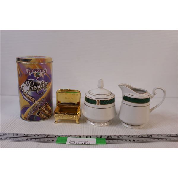 (4) Misc. Lot: Tin; Brass Trinket Box; Cream & Sugar Set Marked Fine China